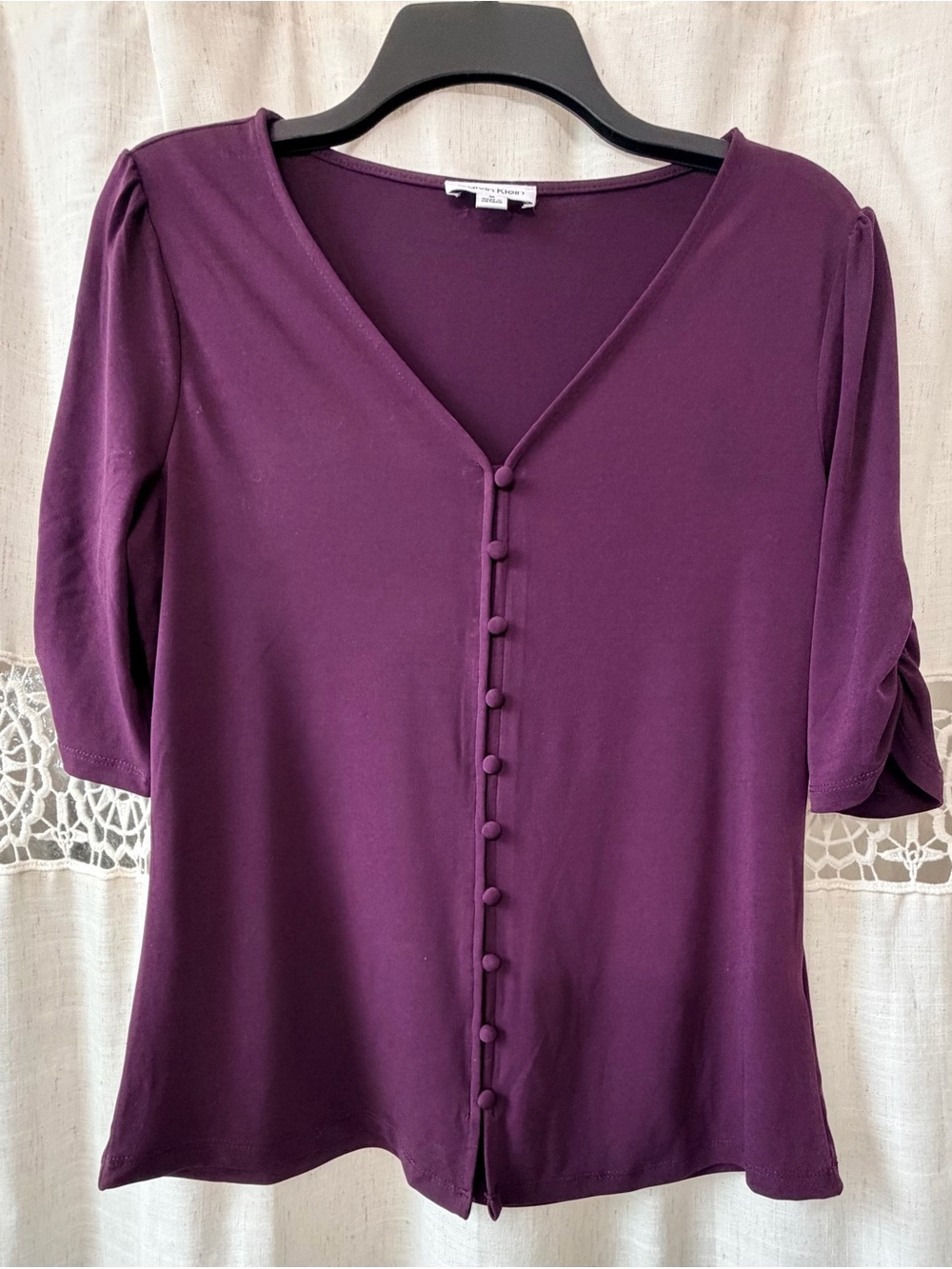 V-Neck Button Front Blouse in Deep Plum - Picture 2 of 6